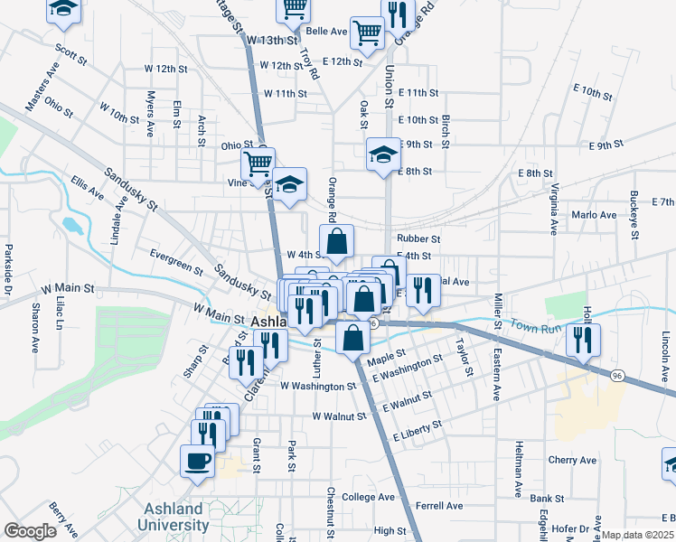 map of restaurants, bars, coffee shops, grocery stores, and more near 345 Orange Street in Ashland