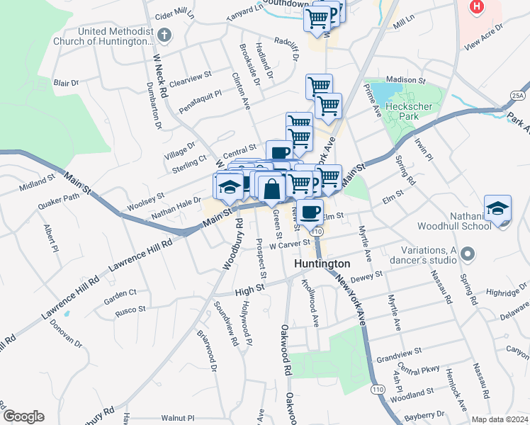 map of restaurants, bars, coffee shops, grocery stores, and more near 328A Main Street in Huntington