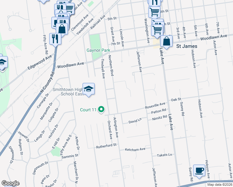 map of restaurants, bars, coffee shops, grocery stores, and more near 169 Northern Boulevard in Saint James