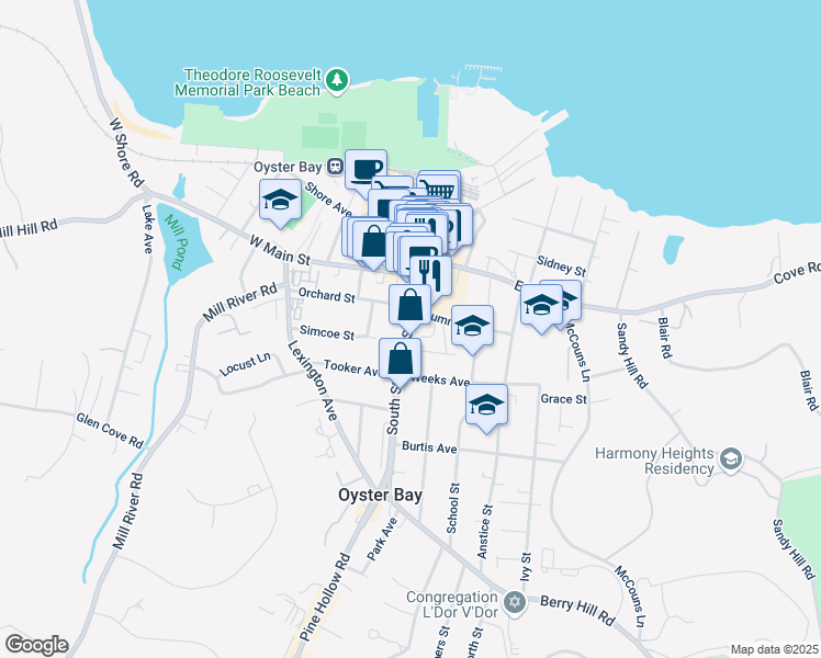 map of restaurants, bars, coffee shops, grocery stores, and more near 169 South Street in Oyster Bay