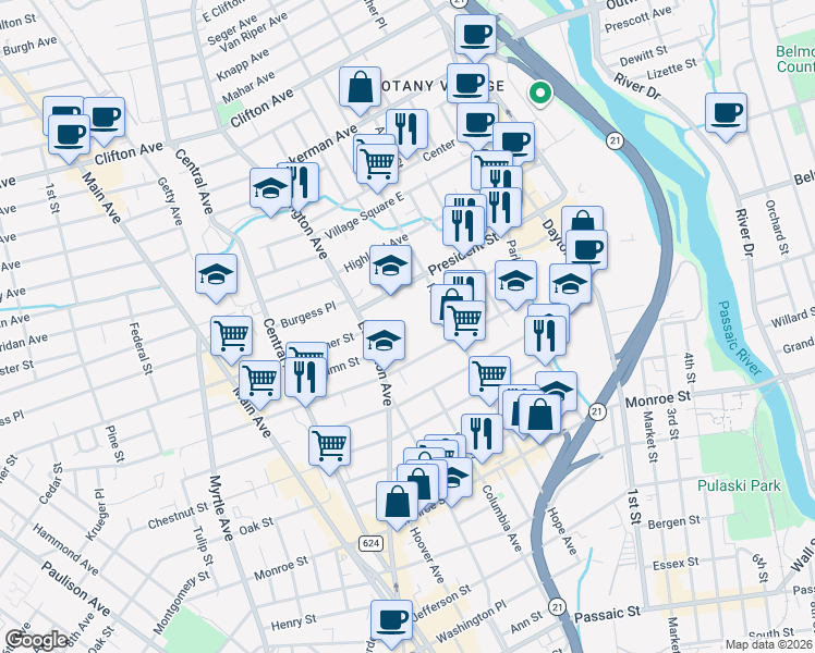 map of restaurants, bars, coffee shops, grocery stores, and more near 252 Harrison Street in Passaic