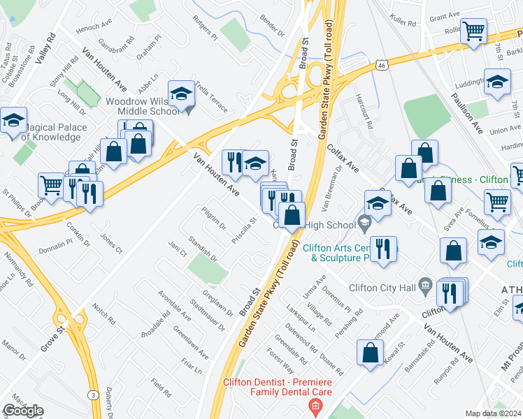 map of restaurants, bars, coffee shops, grocery stores, and more near 1250 Van Houten Avenue in Clifton