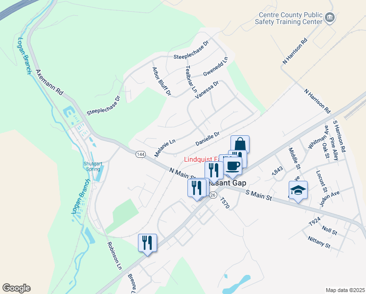 map of restaurants, bars, coffee shops, grocery stores, and more near 114 Danielle Drive in Bellefonte