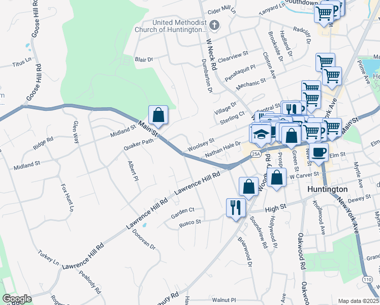 map of restaurants, bars, coffee shops, grocery stores, and more near 443 Main Street in Huntington