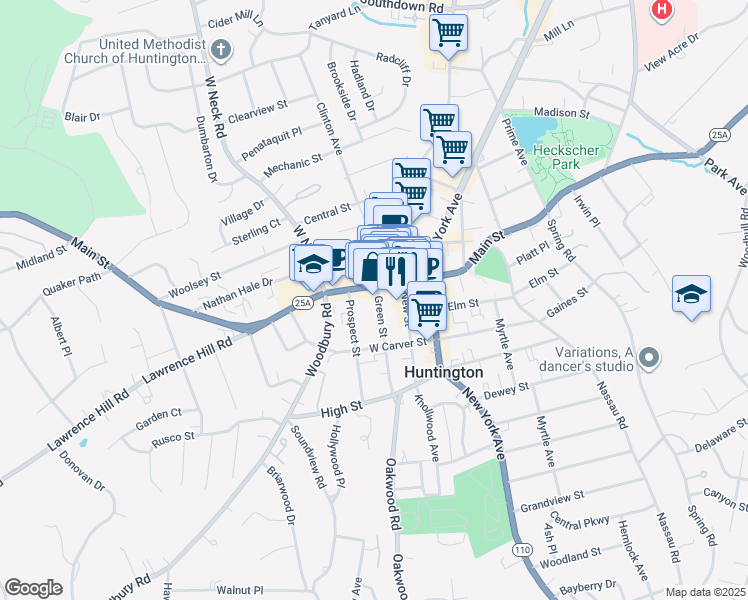 map of restaurants, bars, coffee shops, grocery stores, and more near 7 Green Street in Huntington