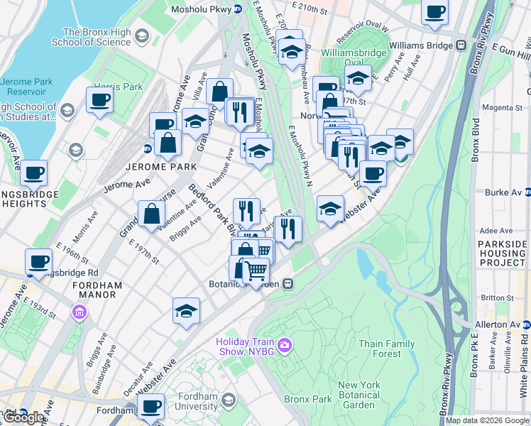 map of restaurants, bars, coffee shops, grocery stores, and more near 325 East 201st Street in Bronx
