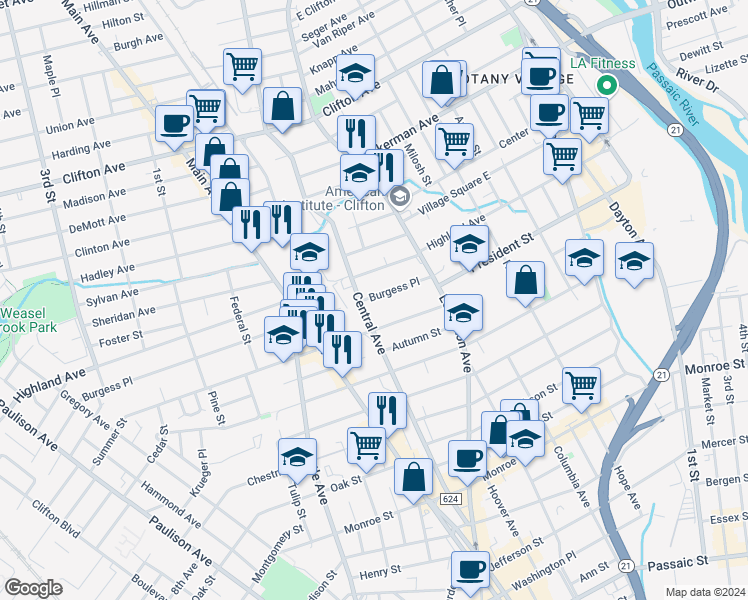 map of restaurants, bars, coffee shops, grocery stores, and more near 57 Burgess Place in Passaic