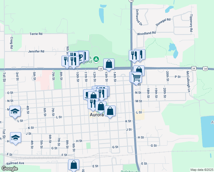 map of restaurants, bars, coffee shops, grocery stores, and more near 1300 O Street in Aurora
