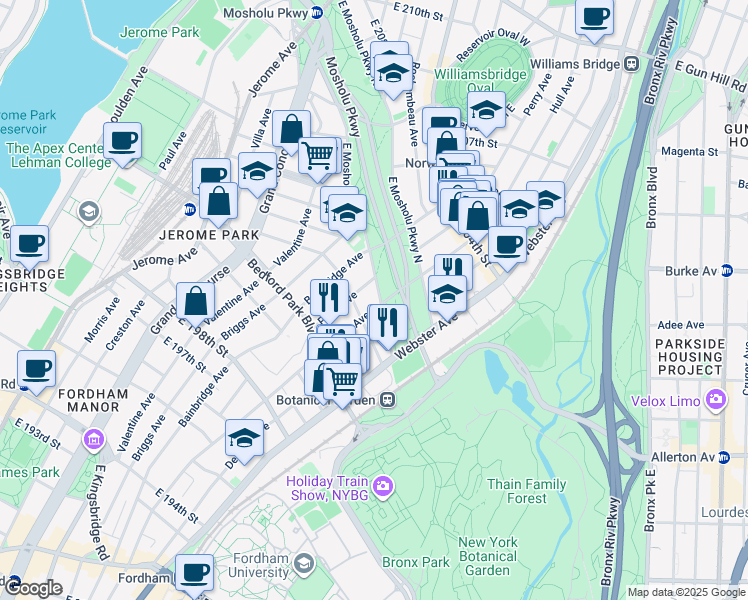map of restaurants, bars, coffee shops, grocery stores, and more near in The Bronx