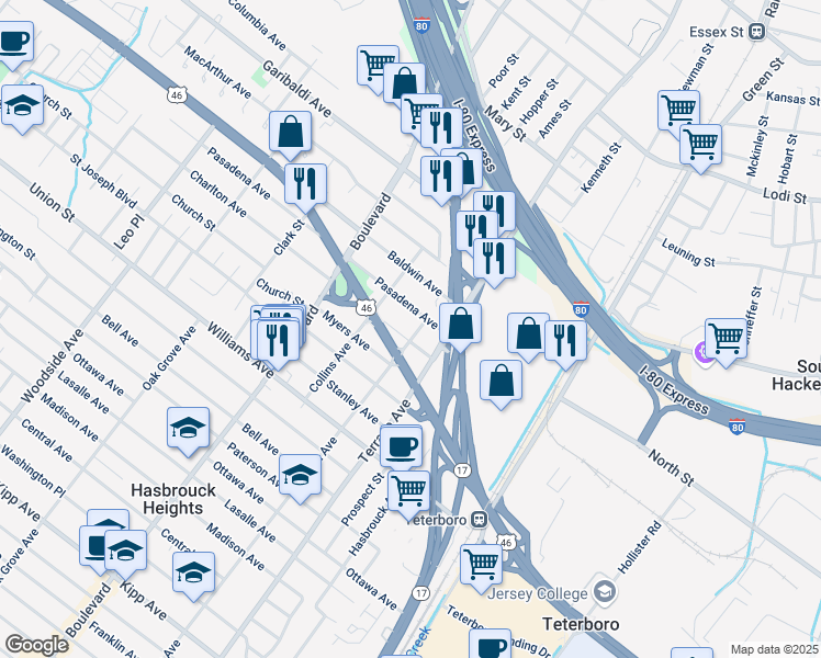 map of restaurants, bars, coffee shops, grocery stores, and more near 525 Burton Avenue in Hasbrouck Heights