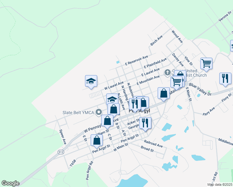 map of restaurants, bars, coffee shops, grocery stores, and more near 317 North Lobb Avenue in Pen Argyl
