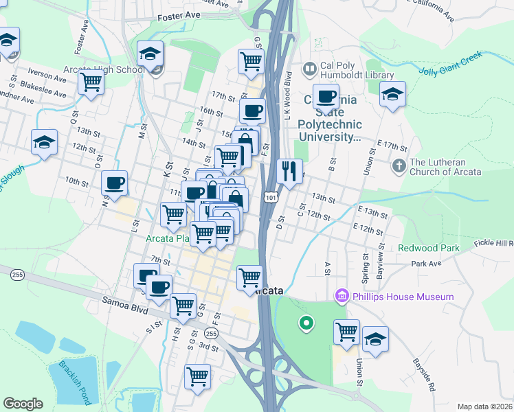 map of restaurants, bars, coffee shops, grocery stores, and more near Redwood Hwy in Arcata