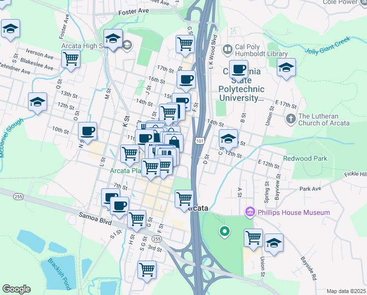 map of restaurants, bars, coffee shops, grocery stores, and more near 630 11th Street in Arcata