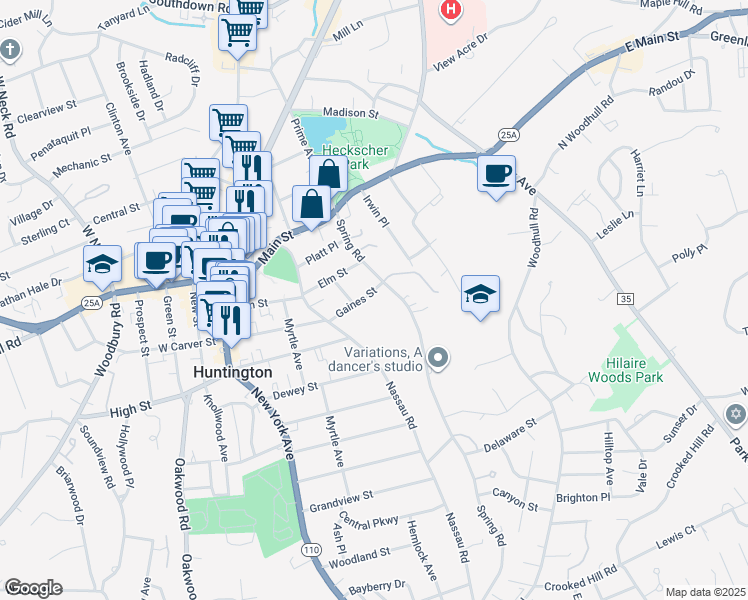 map of restaurants, bars, coffee shops, grocery stores, and more near 89 Spring Road in Huntington