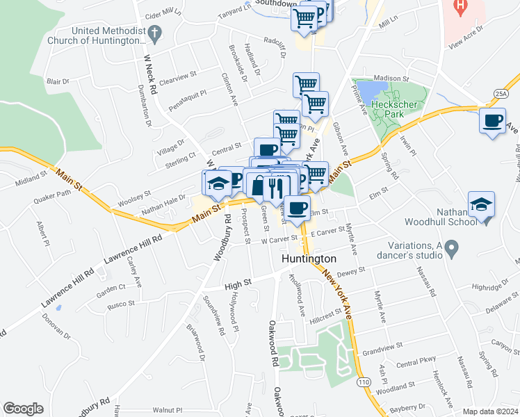 map of restaurants, bars, coffee shops, grocery stores, and more near 304 Main Street in Huntington