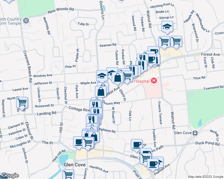map of restaurants, bars, coffee shops, grocery stores, and more near 18 Forest Avenue in Glen Cove