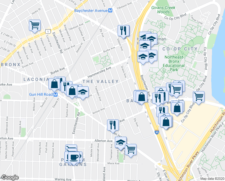 map of restaurants, bars, coffee shops, grocery stores, and more near 2951 Bruner Avenue in Bronx