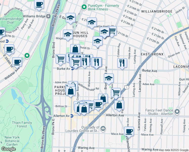 map of restaurants, bars, coffee shops, grocery stores, and more near 3018 Barnes Avenue in Bronx