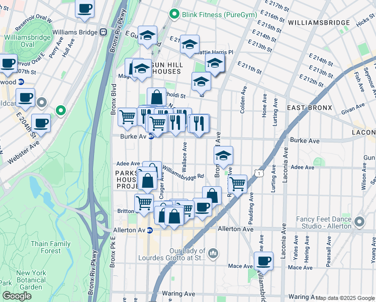 map of restaurants, bars, coffee shops, grocery stores, and more near 3027 Wallace Avenue in Bronx
