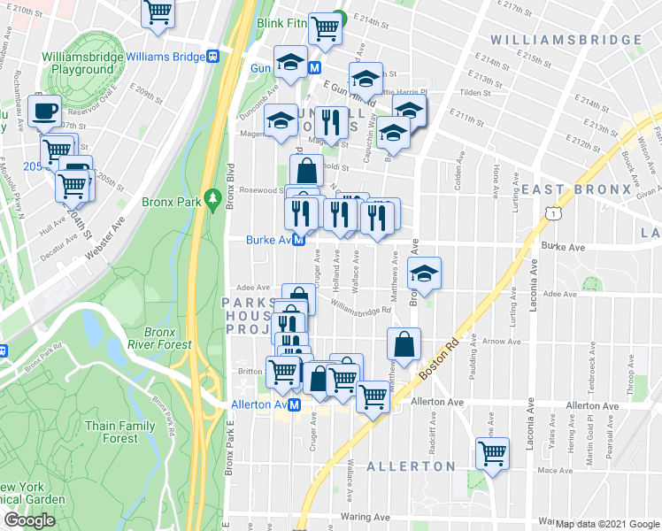 map of restaurants, bars, coffee shops, grocery stores, and more near 3032 Cruger Avenue in Bronx