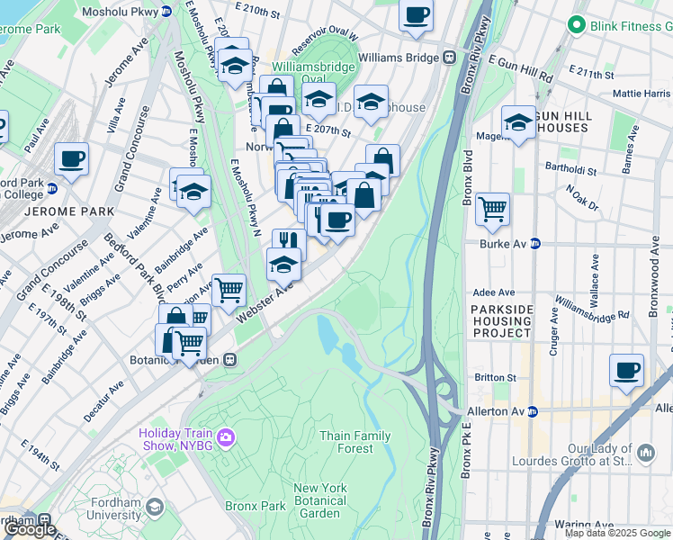 map of restaurants, bars, coffee shops, grocery stores, and more near in Bronx