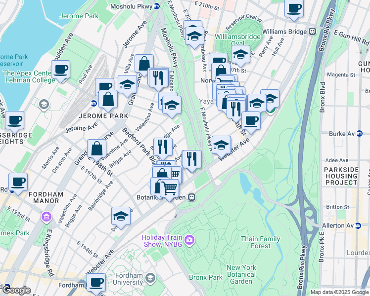 map of restaurants, bars, coffee shops, grocery stores, and more near in The Bronx