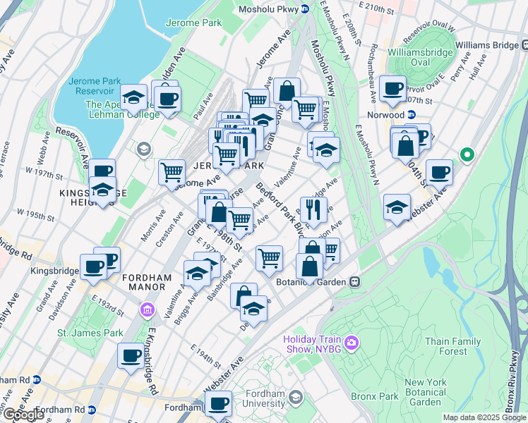 map of restaurants, bars, coffee shops, grocery stores, and more near 2929 Briggs Avenue in Bronx