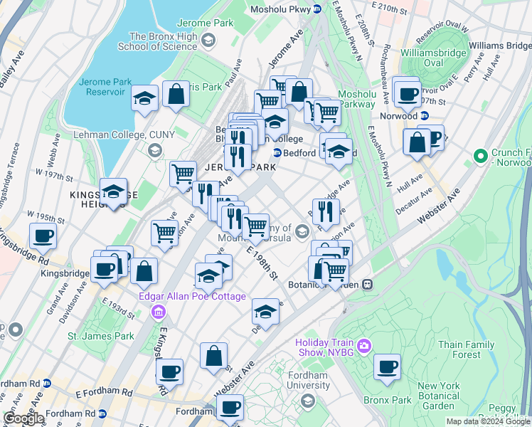 map of restaurants, bars, coffee shops, grocery stores, and more near in The Bronx
