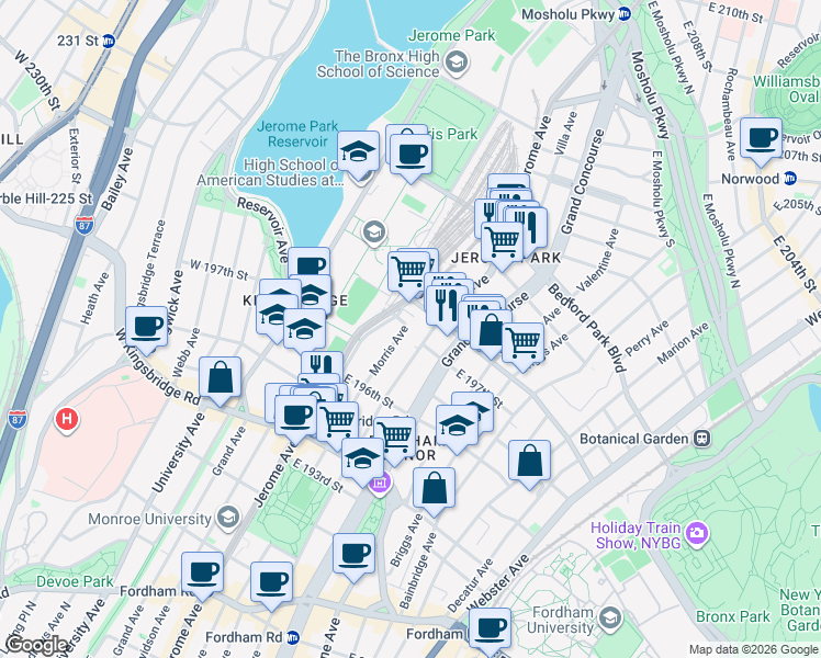 map of restaurants, bars, coffee shops, grocery stores, and more near 2820 Morris Avenue in Bronx
