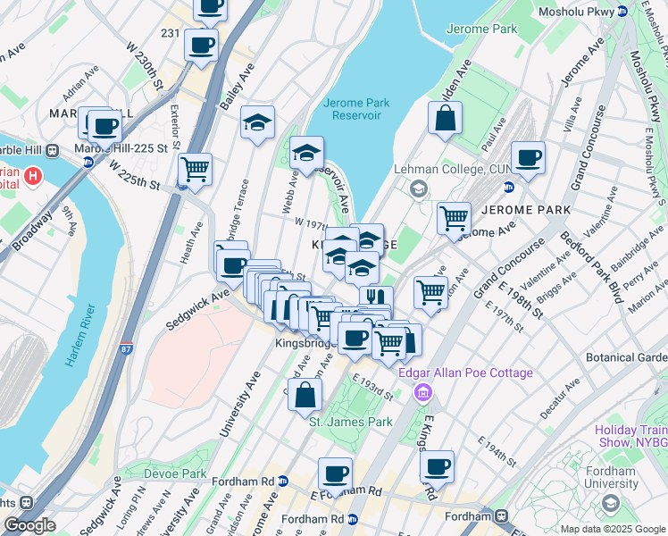 map of restaurants, bars, coffee shops, grocery stores, and more near 2766 University Avenue in Bronx