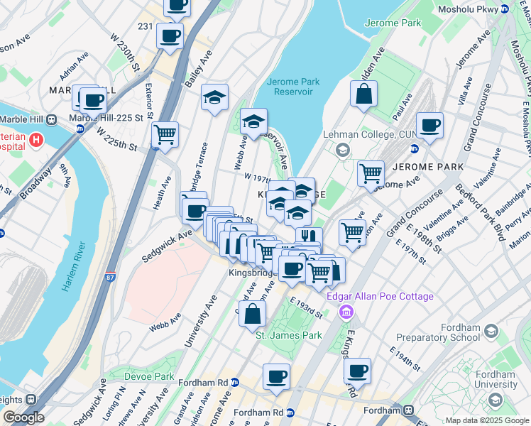 map of restaurants, bars, coffee shops, grocery stores, and more near 2766 University Avenue in Bronx