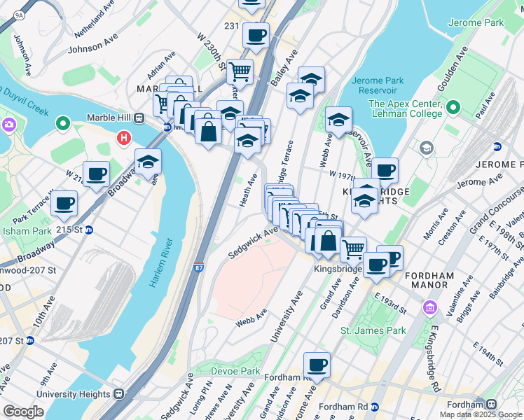 map of restaurants, bars, coffee shops, grocery stores, and more near 2667 Kingsbridge Terrace in Bronx