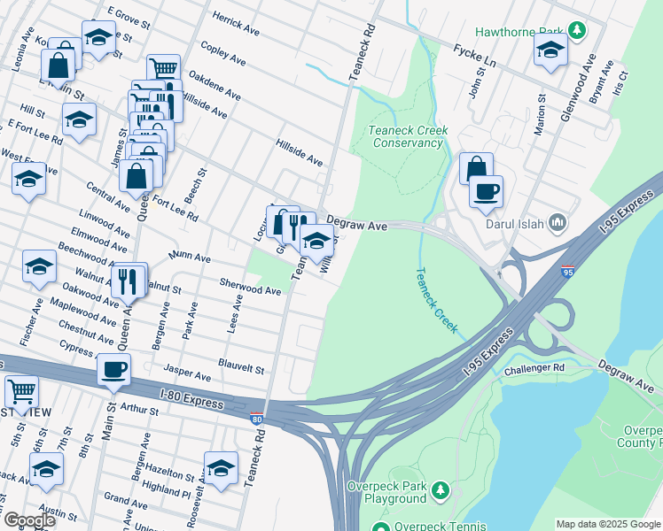 map of restaurants, bars, coffee shops, grocery stores, and more near 278 Willow Street in Teaneck