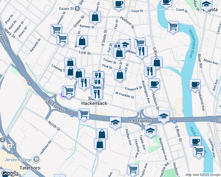 map of restaurants, bars, coffee shops, grocery stores, and more near 31 Hoffman Street in South Hackensack
