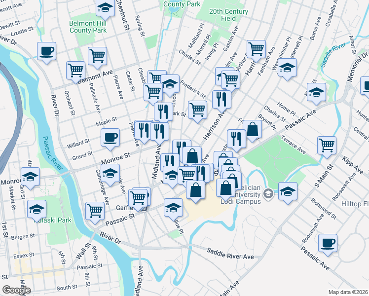 map of restaurants, bars, coffee shops, grocery stores, and more near 88 Macarthur Avenue in Garfield
