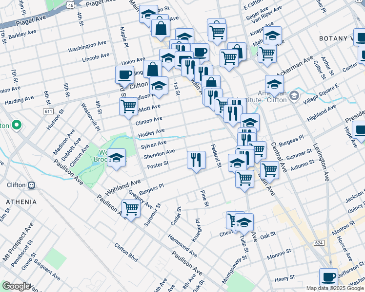 map of restaurants, bars, coffee shops, grocery stores, and more near 106 Sheridan Avenue in Clifton
