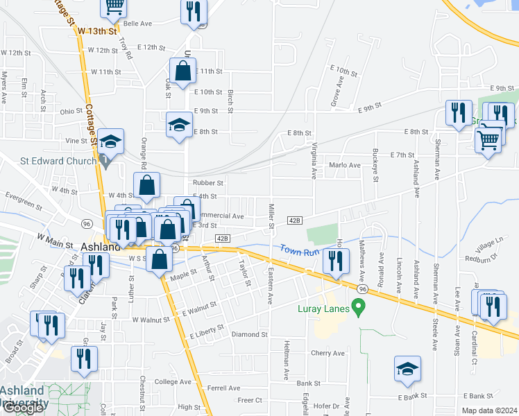 map of restaurants, bars, coffee shops, grocery stores, and more near 328 Miller Street in Ashland