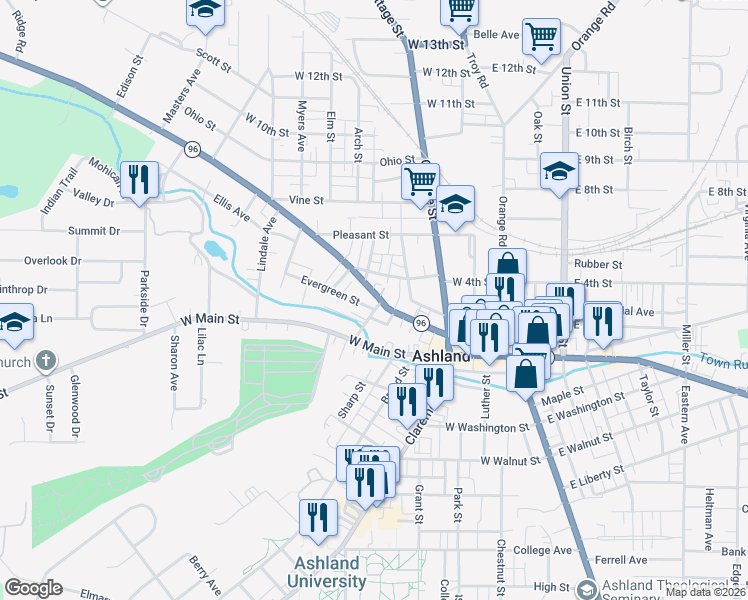 map of restaurants, bars, coffee shops, grocery stores, and more near 411 Sandusky Street in Ashland