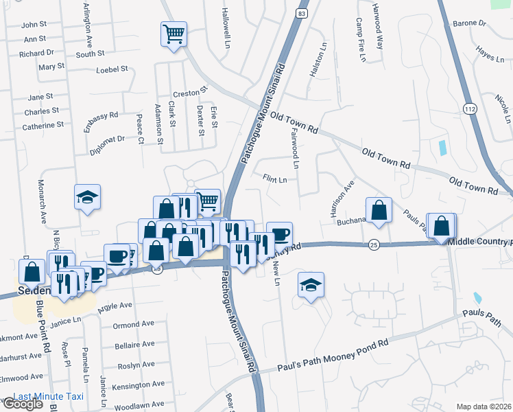 map of restaurants, bars, coffee shops, grocery stores, and more near 650 Middle Country Road in Coram