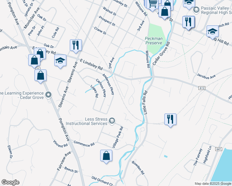 map of restaurants, bars, coffee shops, grocery stores, and more near 136 Anderson Parkway in Cedar Grove