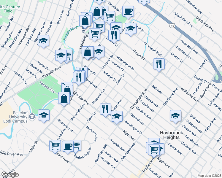 map of restaurants, bars, coffee shops, grocery stores, and more near 104 Grove Street in Lodi