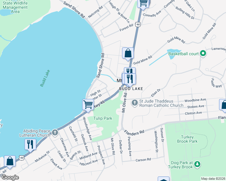map of restaurants, bars, coffee shops, grocery stores, and more near 50 Center Street in Mount Olive