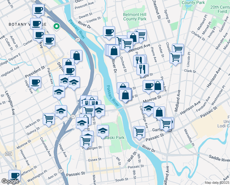 map of restaurants, bars, coffee shops, grocery stores, and more near 379 River Drive in Garfield