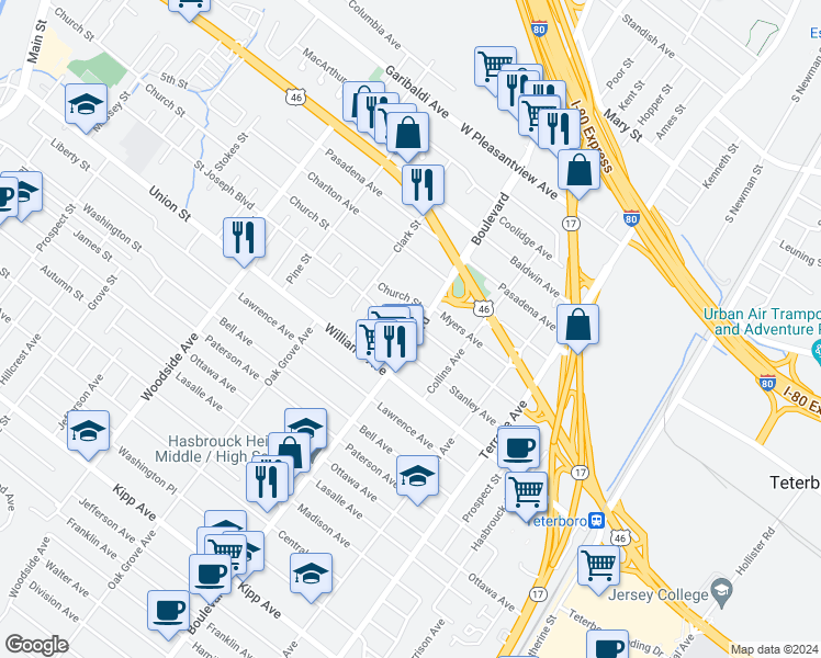 map of restaurants, bars, coffee shops, grocery stores, and more near 467 Boulevard in Hasbrouck Heights