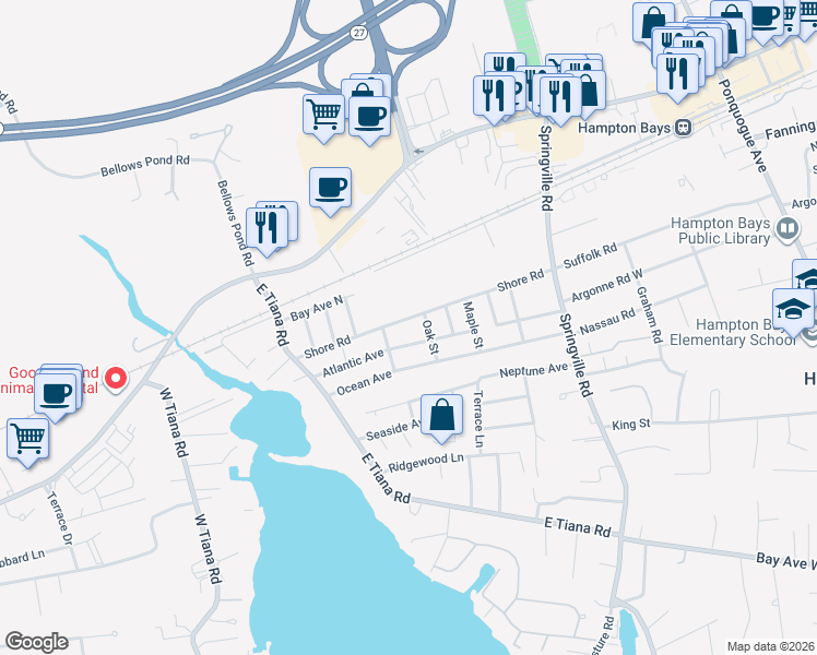 map of restaurants, bars, coffee shops, grocery stores, and more near 33 Shore Road in Hampton Bays