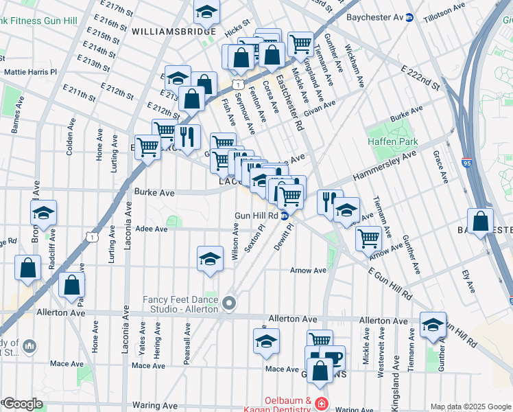 map of restaurants, bars, coffee shops, grocery stores, and more near 3040 Young Avenue in Bronx