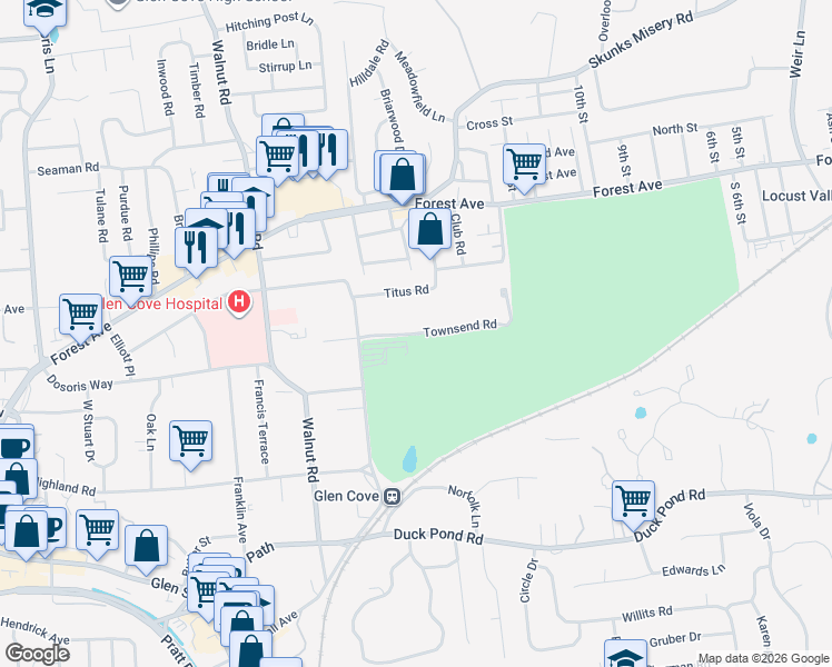 map of restaurants, bars, coffee shops, grocery stores, and more near 7 Townsend Road in Glen Cove