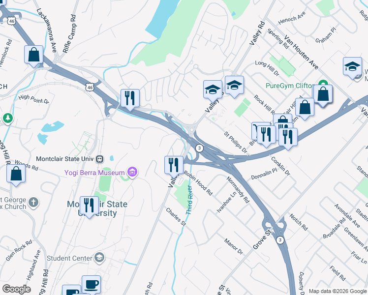 map of restaurants, bars, coffee shops, grocery stores, and more near 900 Valley Road in Clifton