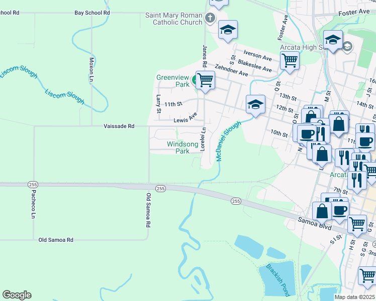 map of restaurants, bars, coffee shops, grocery stores, and more near 2154 Ariel Way in Arcata