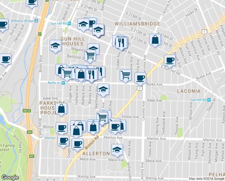 map of restaurants, bars, coffee shops, grocery stores, and more near 3032 Radcliff Avenue in Bronx